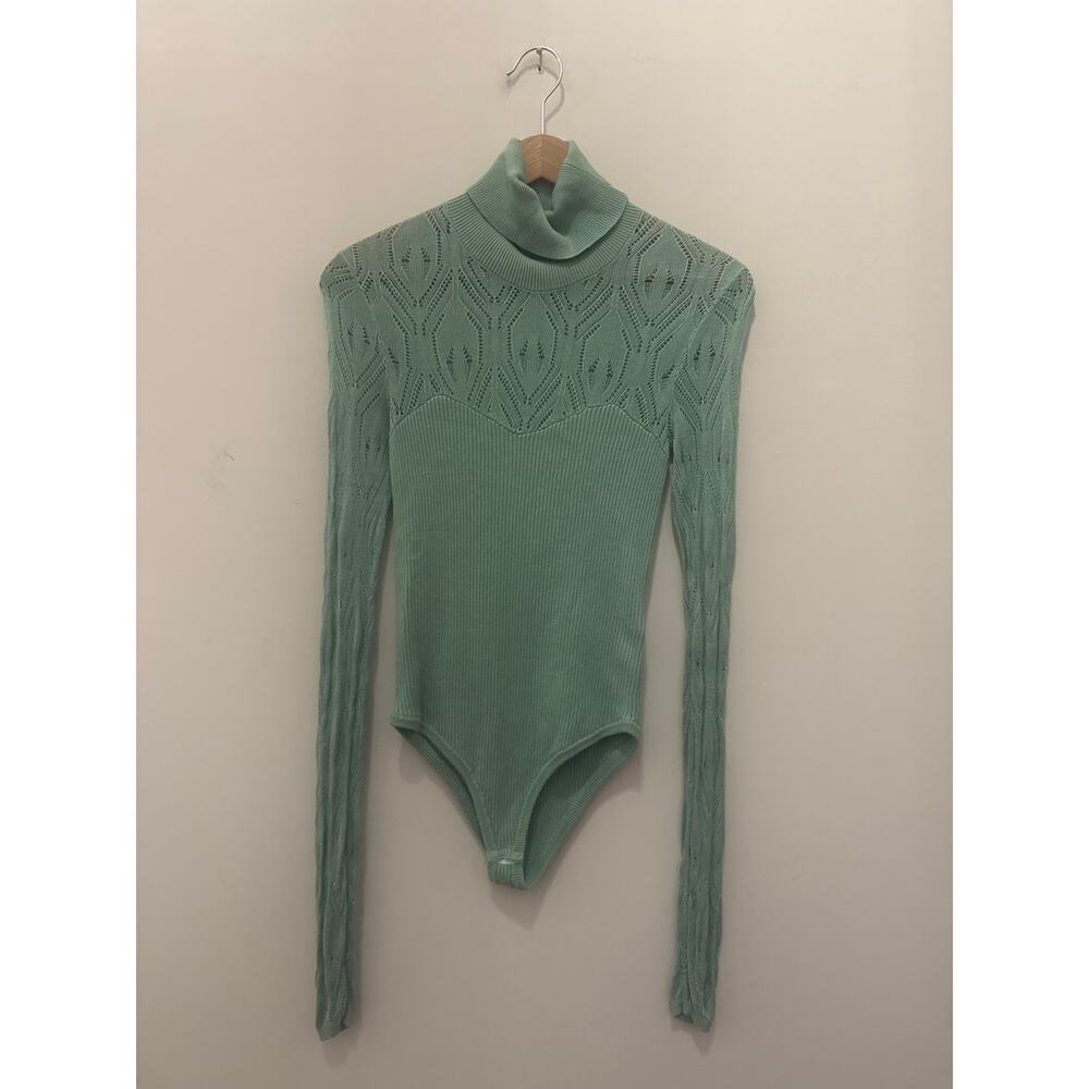 Free People Pretty in Pointelle Green Bodysuit Small Turtleneck Lace Crochet